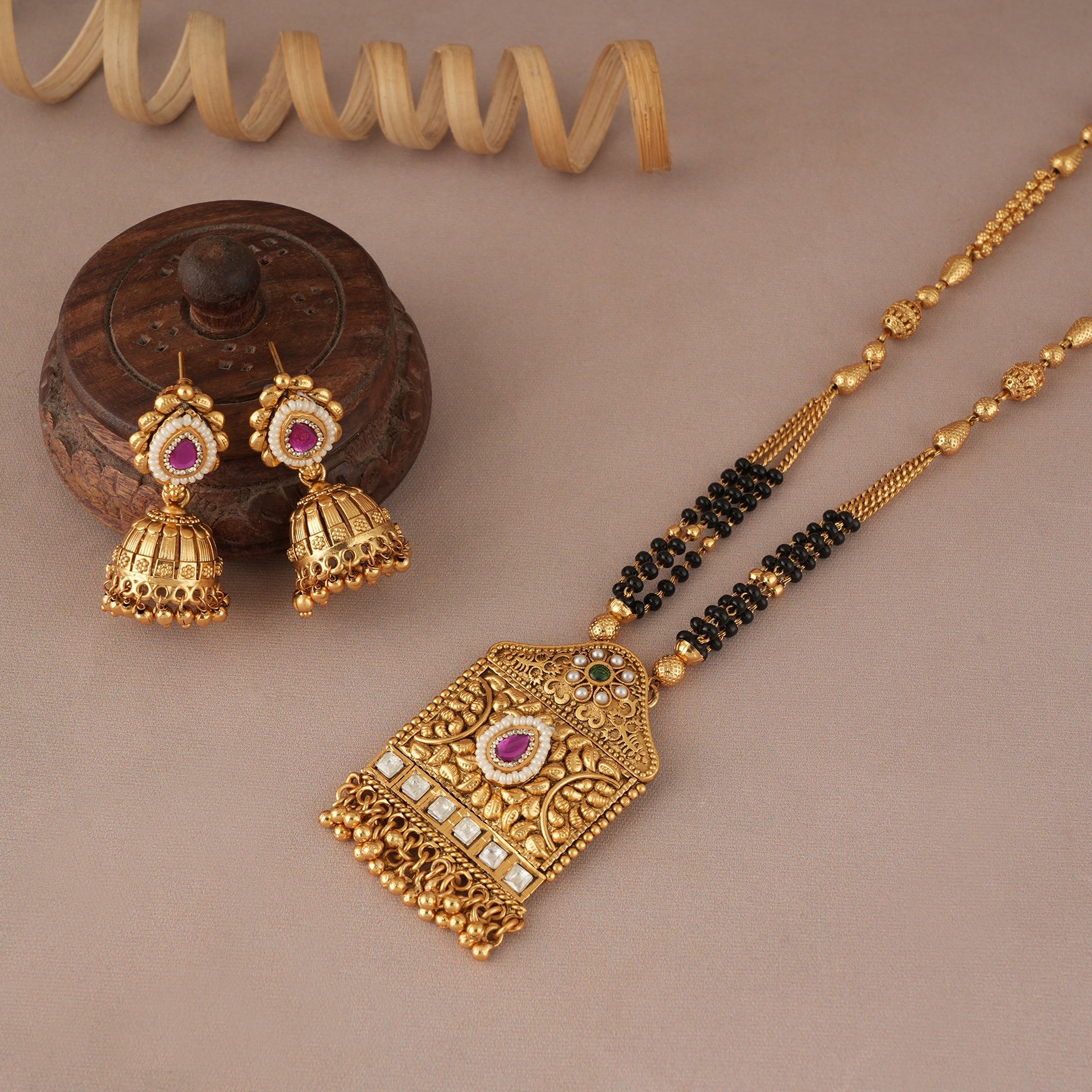 Gorgeous Antique Gold Long Mangalsutra With Jhumka Earring