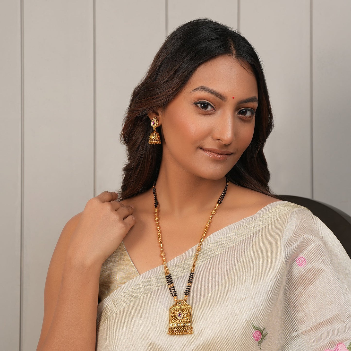 Gorgeous Antique Gold Long Mangalsutra With Jhumka Earring