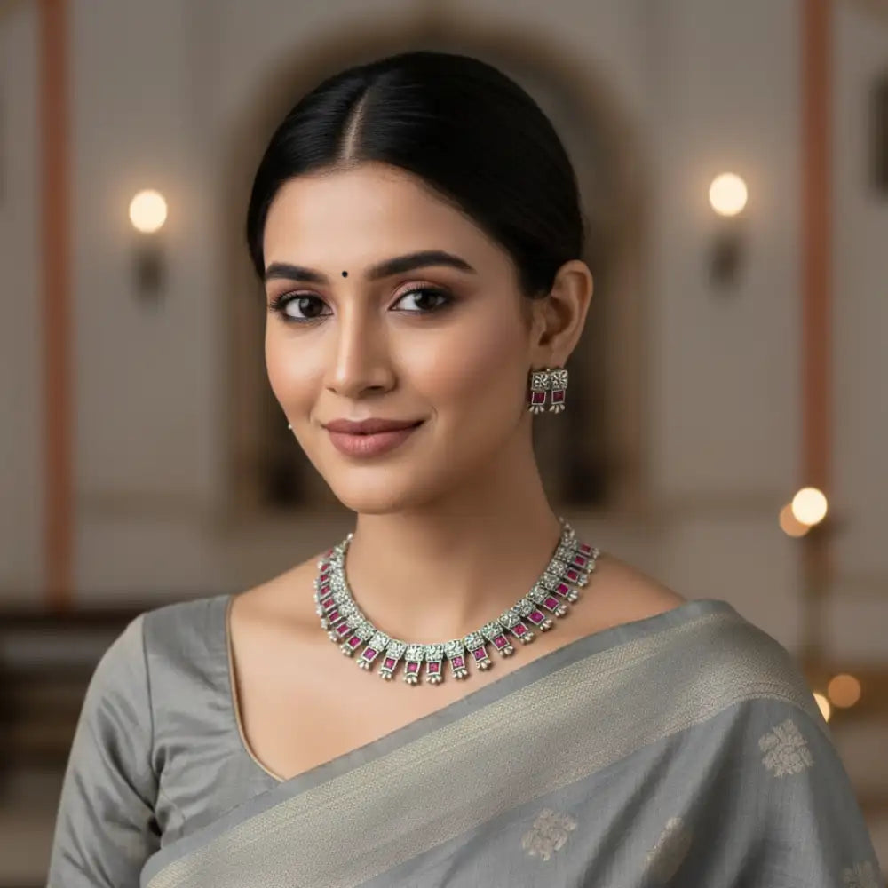 Woman wearing a traditional necklace and earrings in an elegant setting