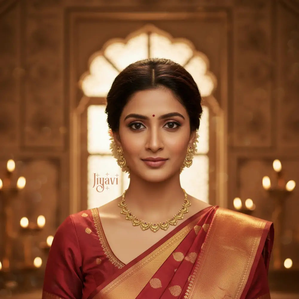 Woman wearing gold jewelry and a red saree with a warm, blurred background