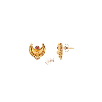 Gold earrings with a red gemstone on a white background, branded 'Jiyavi'.