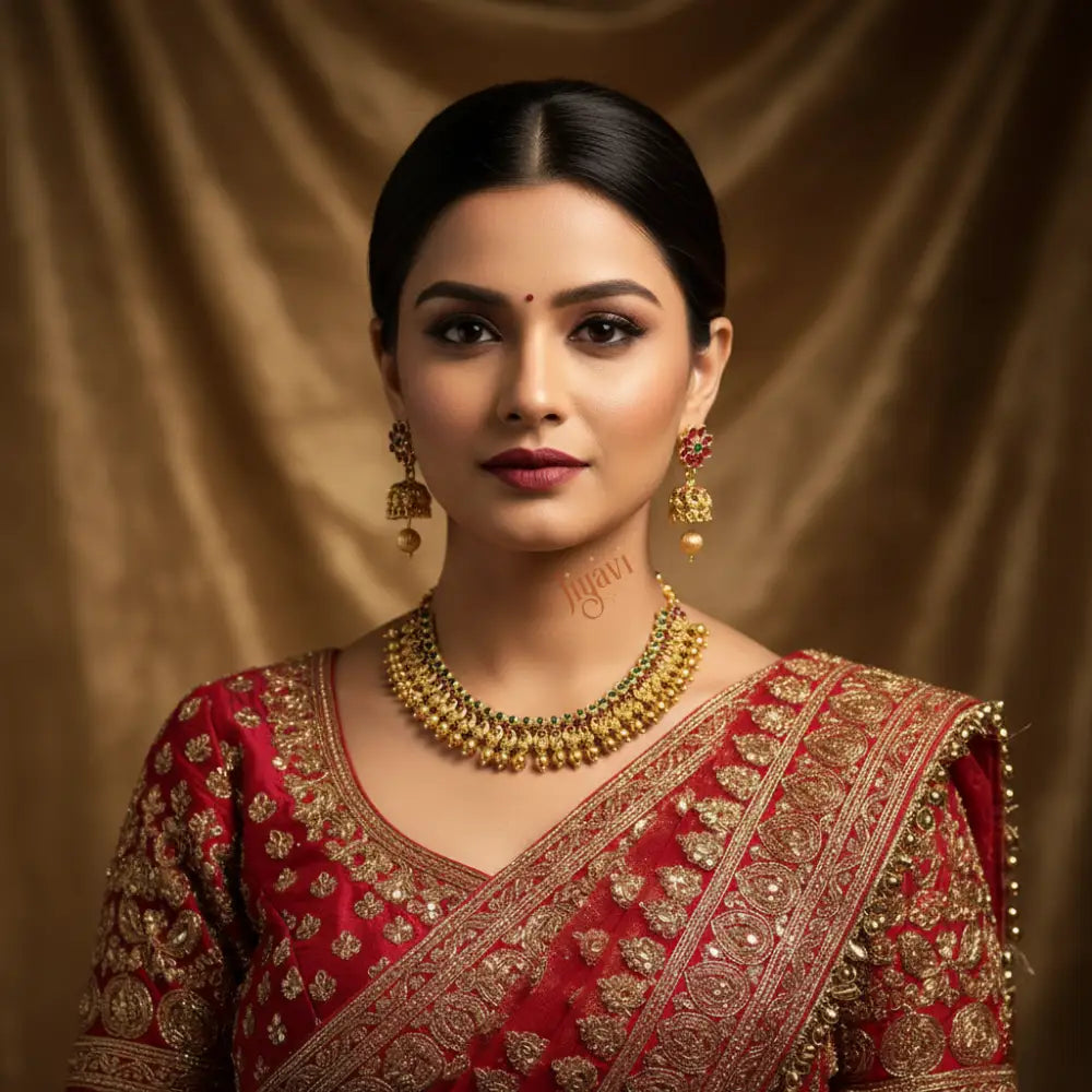 Woman wearing a red and gold traditional outfit with jewelry against a brown curtain background