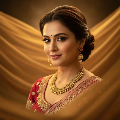 Woman in traditional attire with gold jewelry against a draped fabric background
