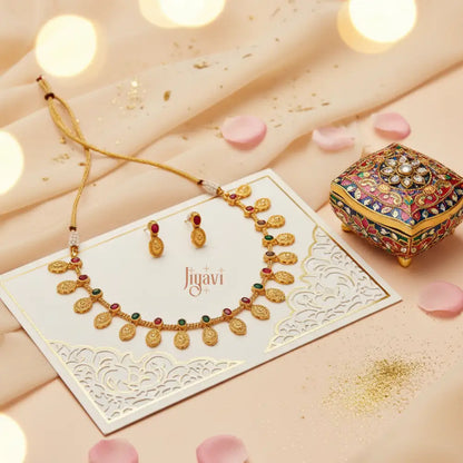 Jewelry set with necklace and earrings on a decorative card, featuring the brand 'Jiyavi'.