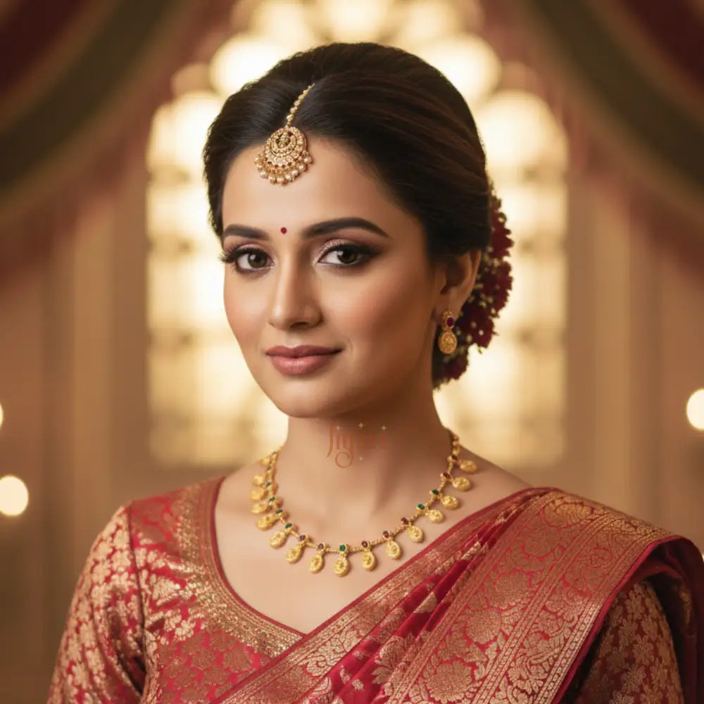 Woman in traditional attire with gold jewelry against a warm, blurred background