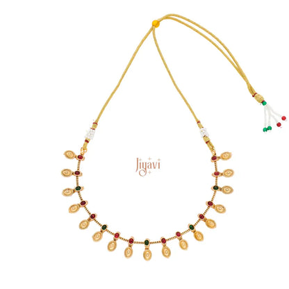 Decorative necklace with gold and colored beads on a white background, featuring the brand 'Jiyavi'.