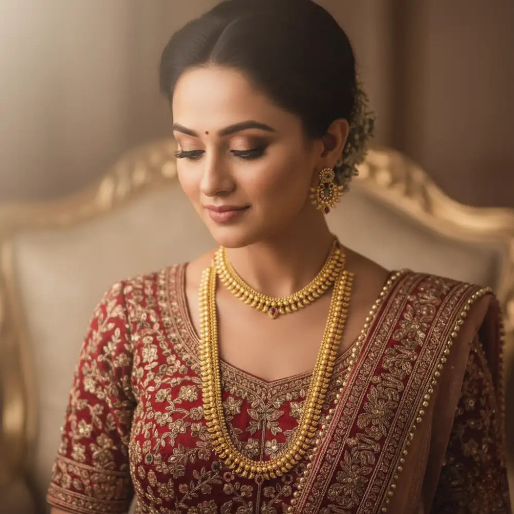 Woman wearing traditional jewelry and attire in a warm-toned setting