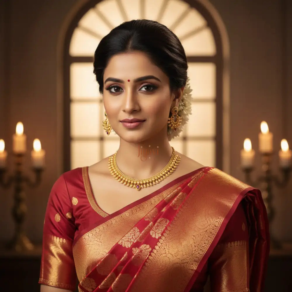 Woman in traditional red and gold saree with jewelry in a warm-toned room.