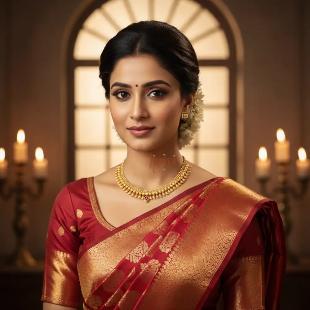 Woman in a traditional red and gold saree with jewelry in a warm-toned room.