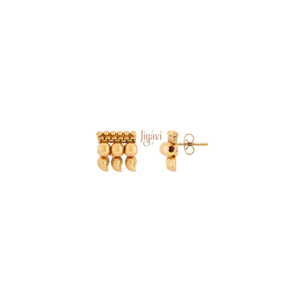 Gold earrings with a brand logo on a white background