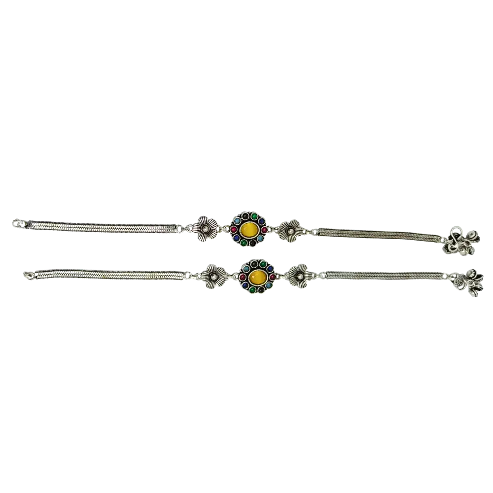 Jiyavi's "Enchanted Steps" Oxidised Silver-Toned Anklets for woman