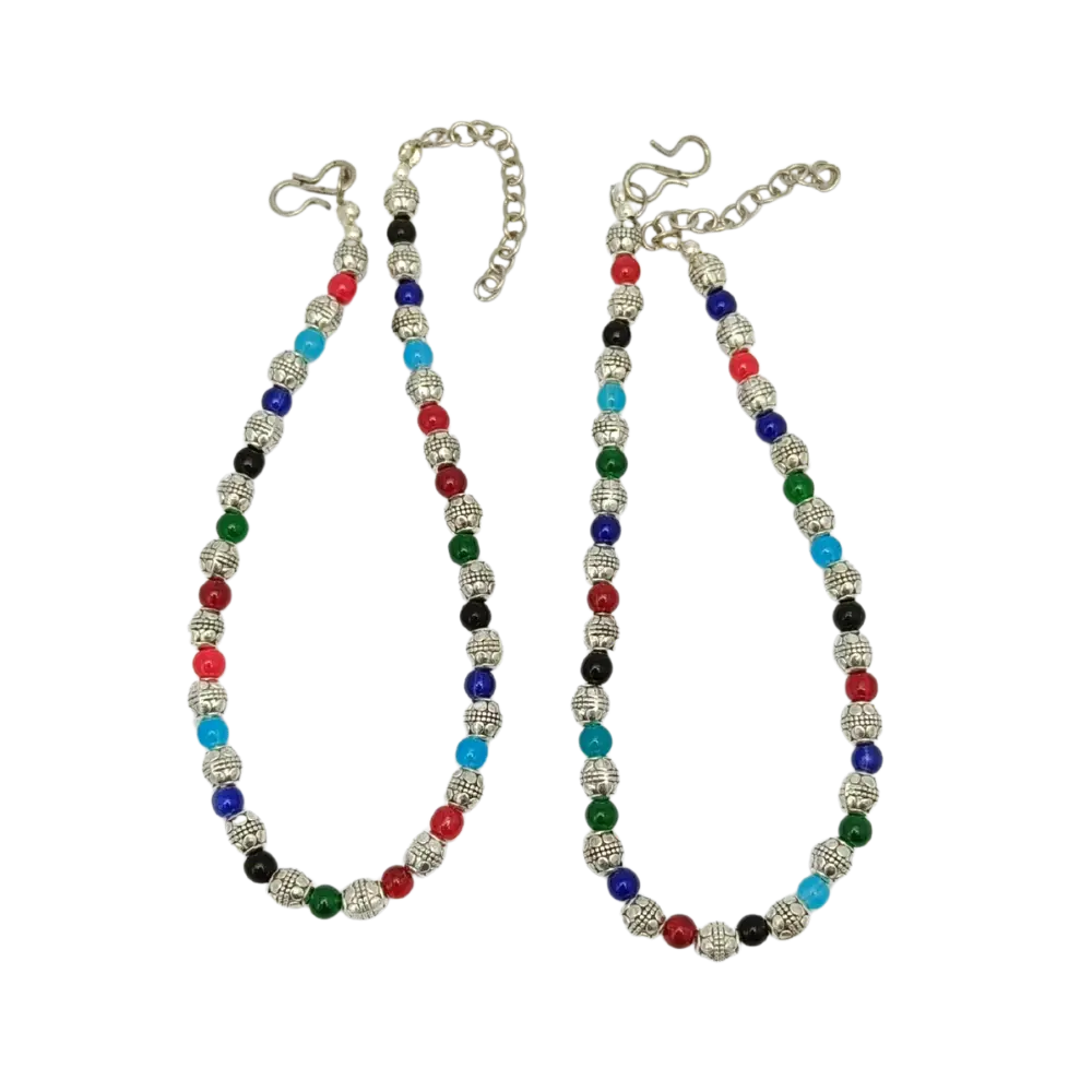 Colorful beaded necklace with silver clasp on a white background