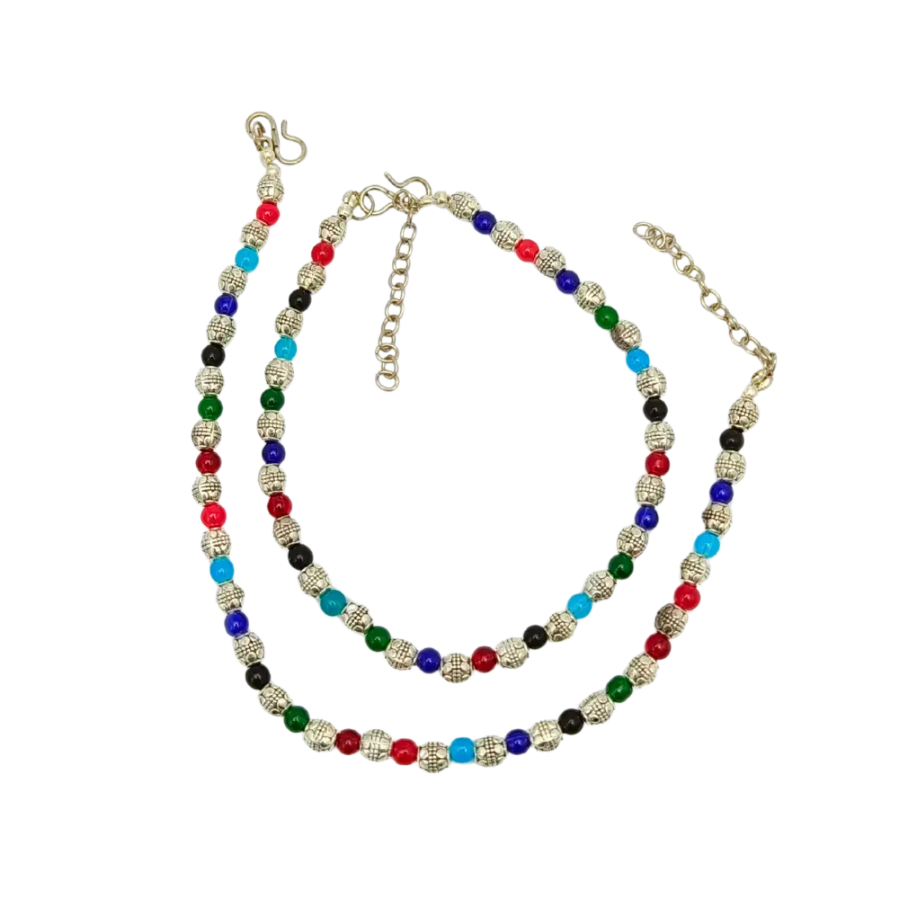 Colorful beaded necklace with a clasp on a white background
