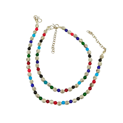 Colorful beaded necklace with a clasp on a white background