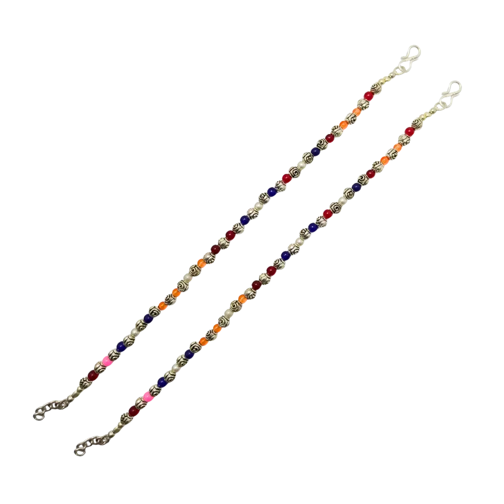 Multicolored beaded eyeglass chain on a white background