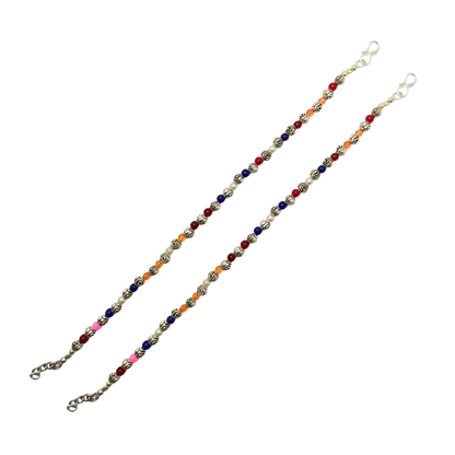 Multicolored beaded eyeglass chain on a white background