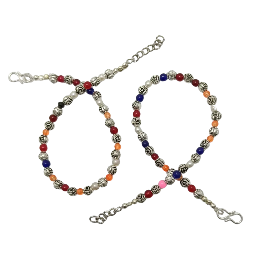 Beaded lanyard with colorful beads and metal clasp on a white background