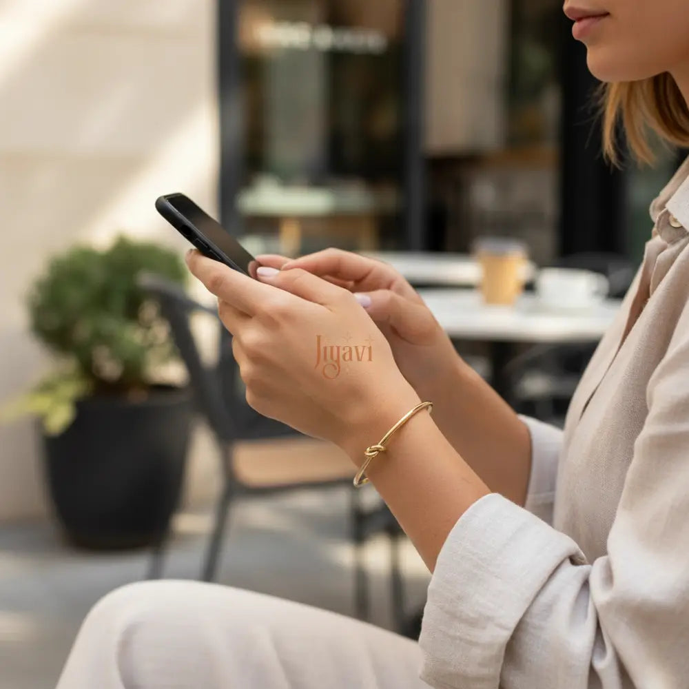 A girl scrolling on mobile wearing formals and knot design bracelet in hand