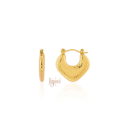 Gold hoop earrings with 'Jiyavi' branding on a white background