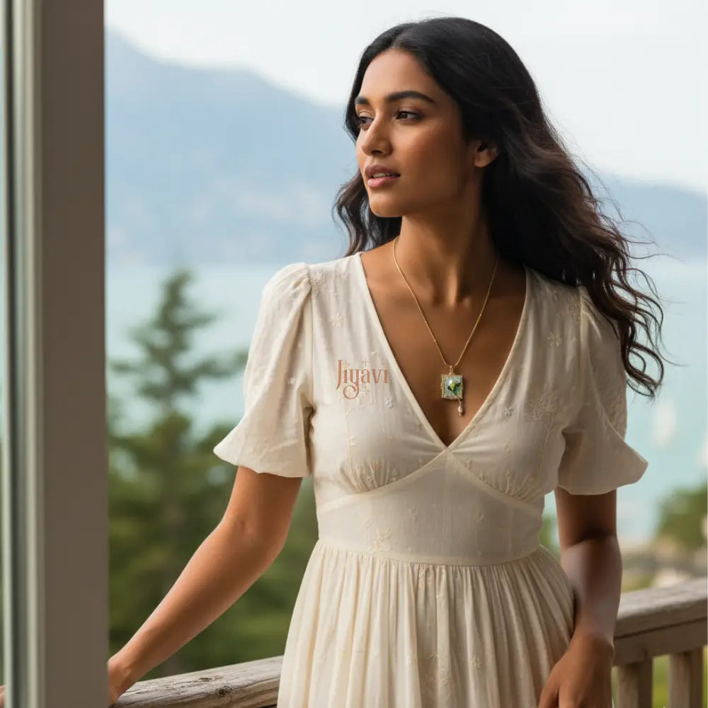 Woman in a white dress with 'Jiyavi' branding, standing outdoors with mountains in the background.
